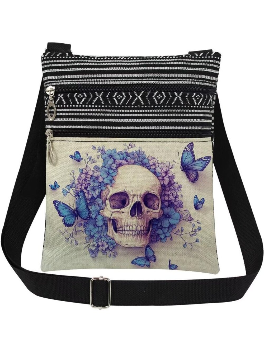 Womens Black Blue Halloween Skull Pouch Adjustable Strap Crossbody Zipper Bag